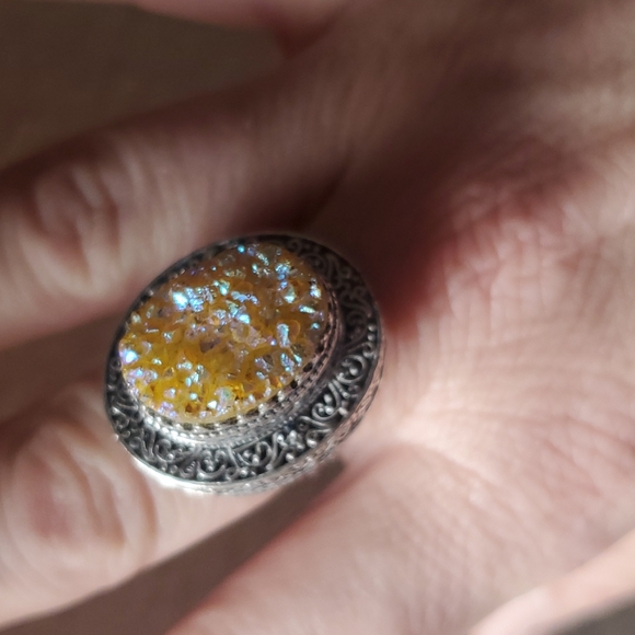 New Yellow Titanium Crystal Druzy 925 Silver Statement Ring. - Picture 3 of 16